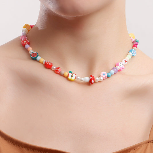Jewelry fairy colorful soft pottery multi-element pearl necklace female Bohemian personality necklace