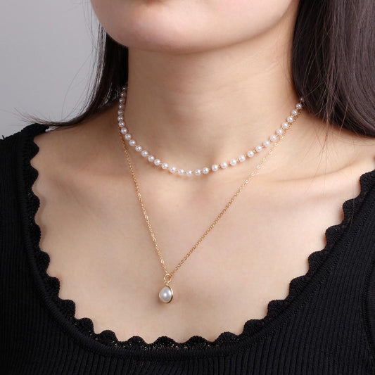 Light luxury niche simple all-match net red necklace temperament double elegant small pearl pendant