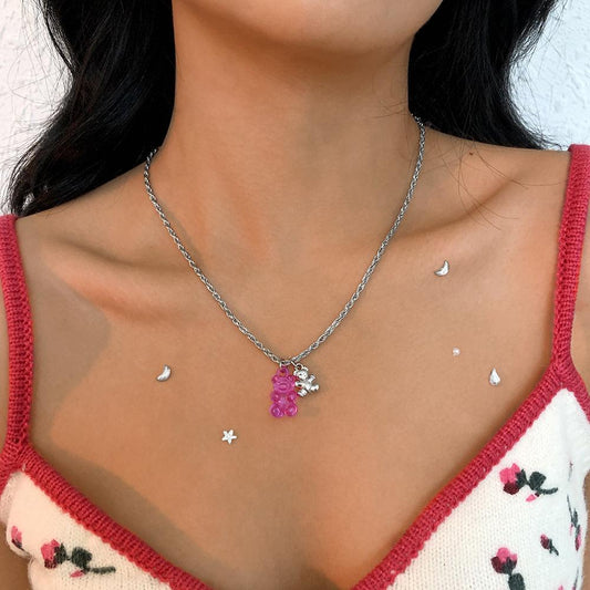 N9666 Jewelry Retro Twist Chain Simple Necklace Resin Alloy Cute Sweet Bear Necklace