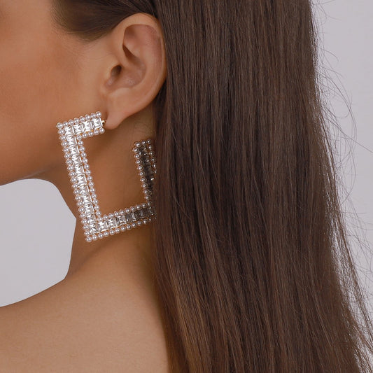 E1444 Exaggerated Design Earrings Imitation Pearl Rhinestone Square Personality Earrings Dinner Show Earrings