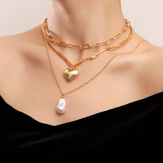 Explosive ins metal special-shaped pearl necklace simple and versatile big peach heart pendant necklace female