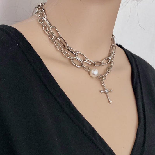 Cross double layered necklace female ins hip hop indifferent neck chain year temperament clavicle chain
