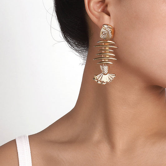 E165 Simple Metal Earrings Women's Creative Fishbone Retro Heavy Industry Earrings Exaggerated Personality Earrings