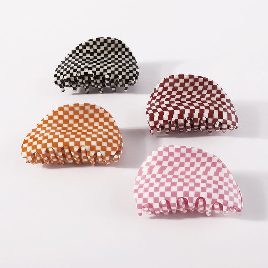 F4128 French checkerboard color hairpin acetate plate retro semicircle fashion net red back head grab clip female