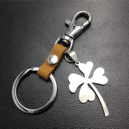Four Leaf Lucky Flower Titanium Steel Pendant Leather Keychain Pendant Accessories