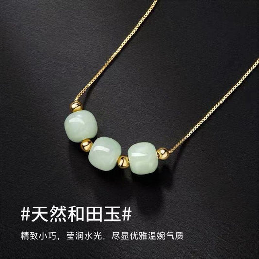 Thin section Sansheng Sanshi Hetian jade necklace female ins minority design high-end light luxury pendant clavicle chain