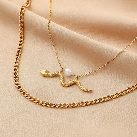 Personality Fashion Stainless Steel Gold Double Layer Small Snake Pendant Necklace Titanium Steel Pearl Necklace Clavicle Chain Women