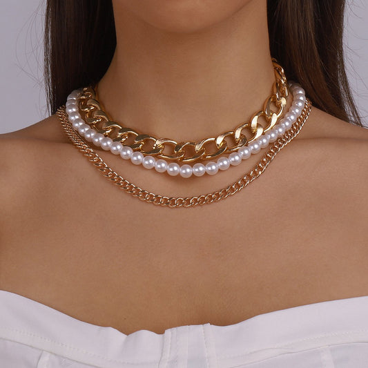 N148 Multilayer Necklace Retro Simple Personality Necklace Imitation Pearl Sweet Cool Popular Necklace