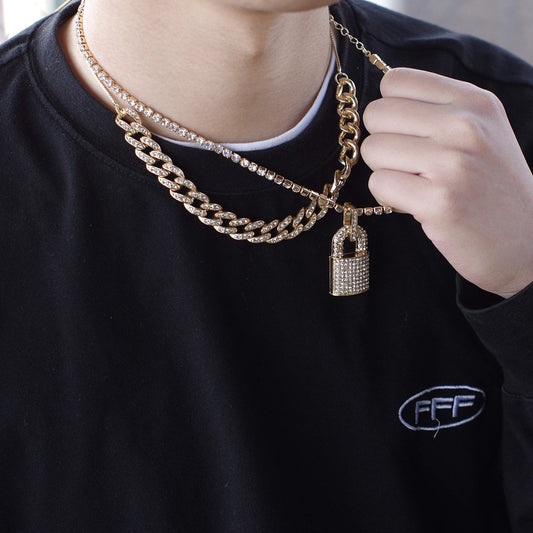 Hip-hop full diamond Cuban chain pendant necklace for men and women punk exaggerated diamond lock pendant necklace