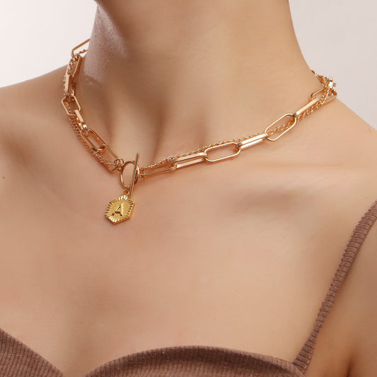 Necklace Explosive Accessories Exaggerated Punk Metal Cuban Chain Necklace Light Luxury Letter A Double Necklace Female