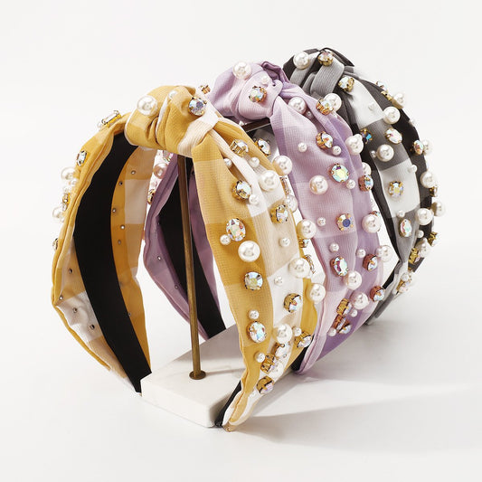 F4845 Chessboard fabric knotted wide-brimmed headband Hong Kong retro rhinestone beaded small crowd creative headband