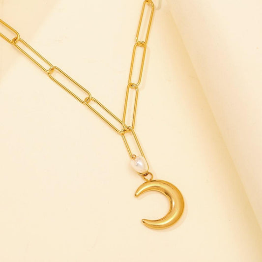 Simple stainless steel gold-plated short collarbone necklace temperament cold moon pearl titanium steel necklace