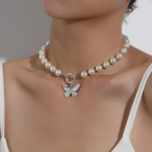 Jewelry Short Retro Metal Butterfly Pendant Necklace Female Fashion Personality Popular Pearl Necklace