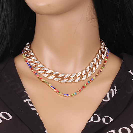 Jewelry Punk Hip Hop Full Diamond Cuban Buckle Necklace Temperament Simple Diamond Double Layer Set Chain Women
