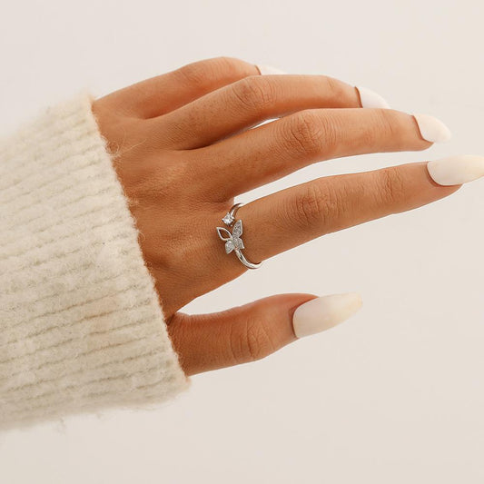 Simple, cold and irregular butterfly full of diamonds opening copper micro-inlaid zircon ring light luxury versatile personality ladies ring