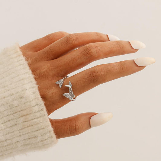 Simple full diamond butterfly opening copper micro-inlaid zircon ring light luxury niche irregular design ladies ring