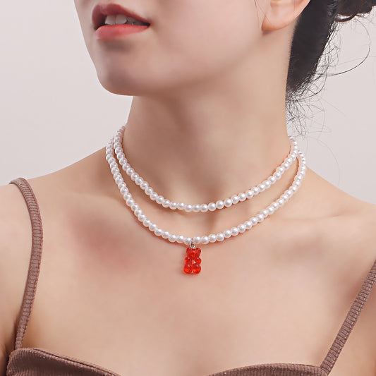 Jewelry ins double baroque imitation pearl color bear pendant necklace female choker