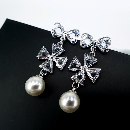 Four-leaf flower bowknot pearl and diamond earrings five-petal flower stud earrings charm