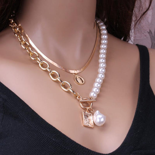 Jewelry Fashion Copper Snake Chain Pearl Coin Portrait Square Necklace Female Two-piece Set