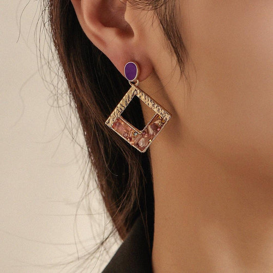 Ins earrings geometric square hollow purple crushed stone original stone earrings personality temperament ear jewelry