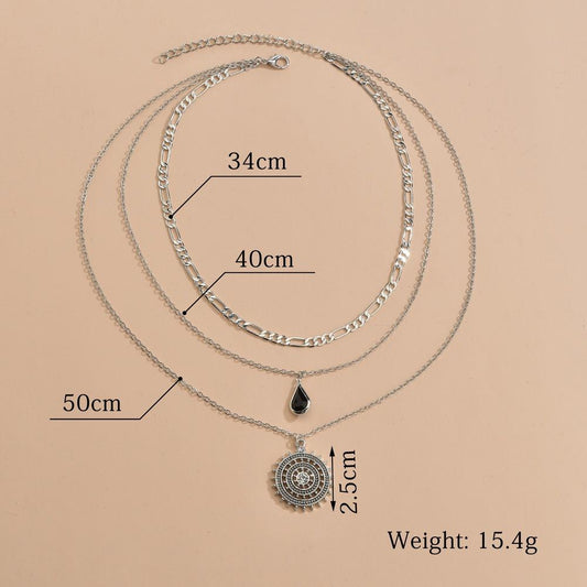Fashion Water Drop Resin Bound Diamond Round Alloy Pendant Necklace Vintage Multilayer Necklace Accessories
