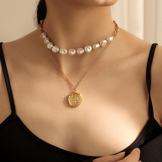 Fashion stainless steel double-layer Roman astrolabe necklace titanium steel pearl collarbone chain cold jewelry for women