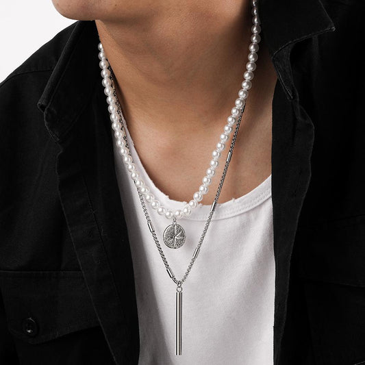 Punk Men's Trend Domineering Stainless Steel Stacked Pearl Star Coin Cylindrical Necklace Versatile Sweater Chain