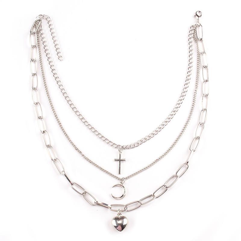 Multi-layer jewelry trend cross moon peach heart decoration ins hip-hop jumping disco necklace