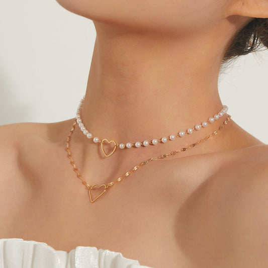 Jewelry fashion heart-shaped pendant trend female necklace double white pearl temperament popular