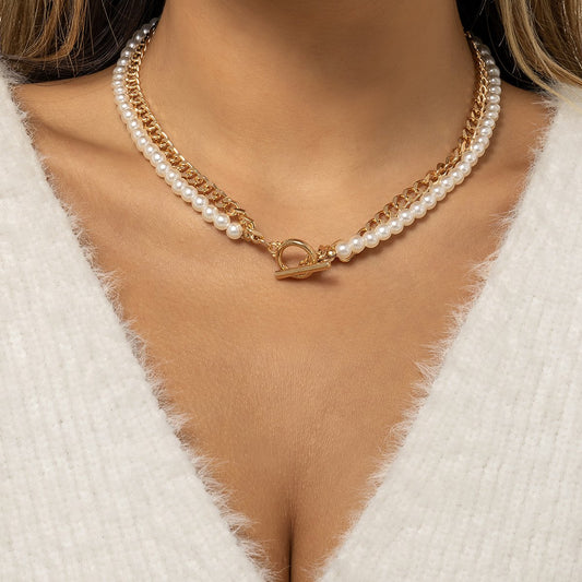 Jewelry Temperament Cold Imitation Pearl Beaded Necklace Simple Versatile Metal Chain Necklace Female