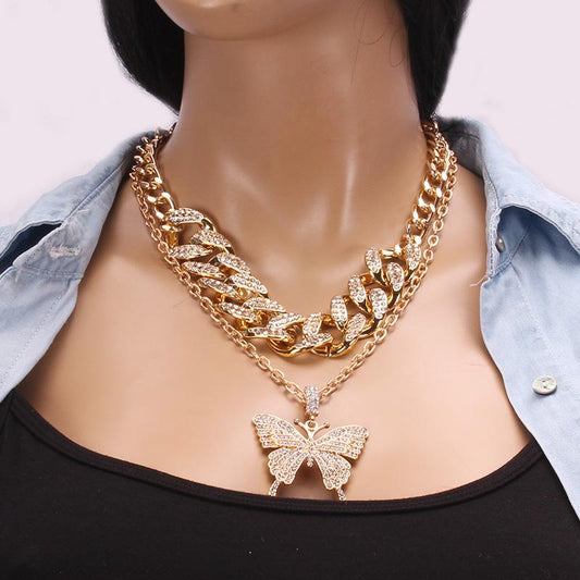 Jewelry Exquisite Exaggerated Diamond Geometric Necklace Female Retro Suit Cuban Chain Big Butterfly Necklace