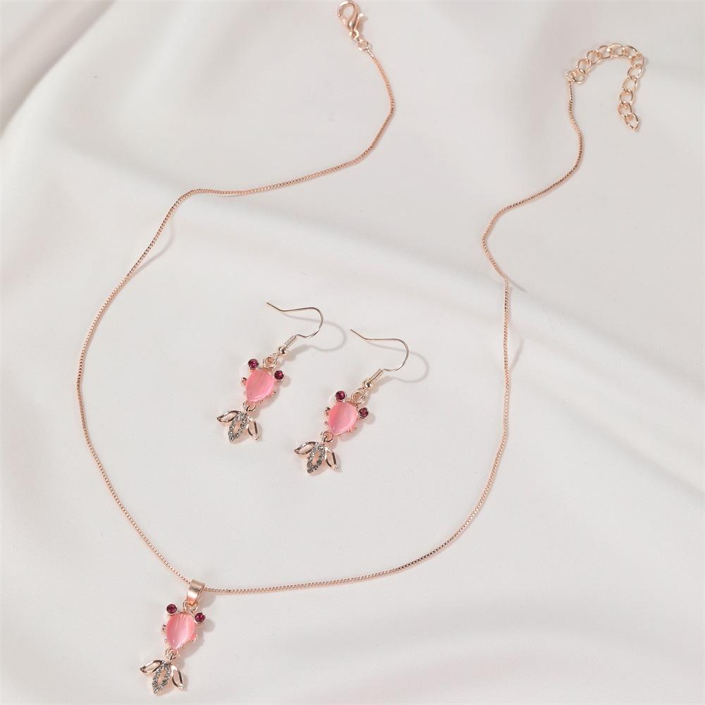 Set Jewelry Cute Pink Cat's Eye Goldfish Necklace Personality Cartoon Earrings Women's Pendant Clavicle Chain