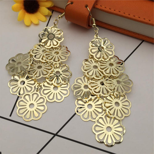 Hollow-out daisy multi-layer metal long earrings versatile earrings