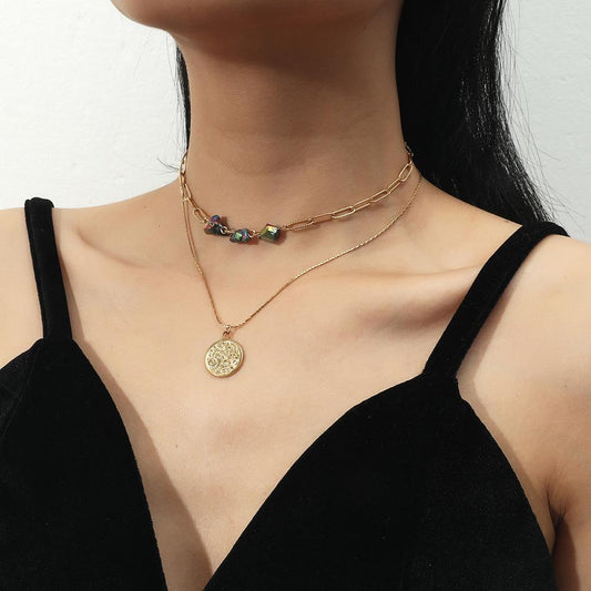 Double-layer Sun Moon Coin Raw Stone Pendant Titanium Steel Gold Necklace Independent Packaging Necklace
