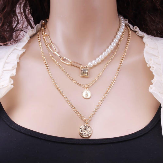 Jewelry Imitation Pearl Inlaid Gemstone Multilayer Necklace Retro Temperament Embossed Round Card Two-piece Necklace