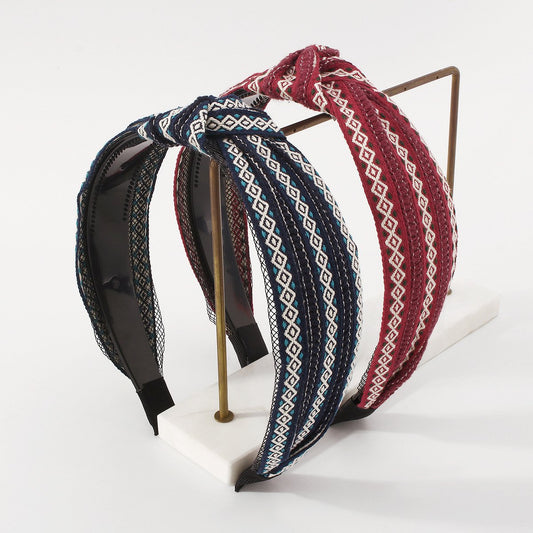 F4744 Ethnic personality color contrast embroidery knotted headband vacation fashion wide-brimmed retro simple girl headband