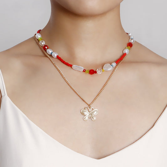Jewelry Retro Metal Three-dimensional Butterfly Beads Necklace Women's Versatile Beaded Woven Pearl Necklace