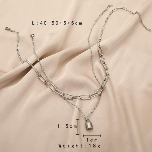 Fashionable and simple double-layer stacked stitching neutral cold stainless steel lock necklace