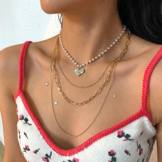 N9685 Fashionable Pearl Necklace Women's Geometric Heart Diamond Multilayer Necklace Personality Simple Street Shot Necklace