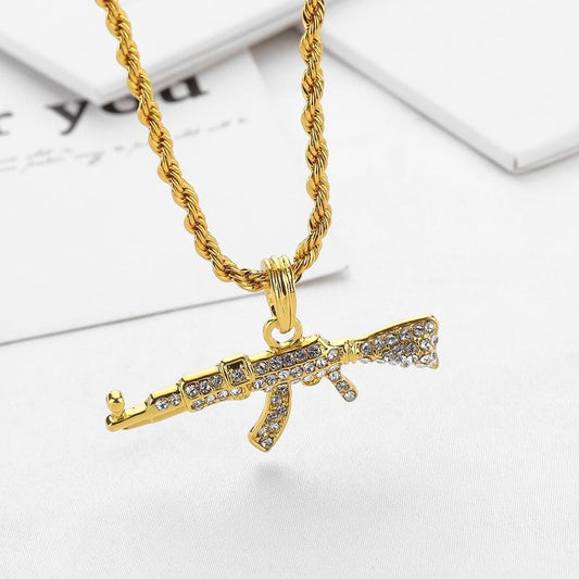 Grid long sweater chain necklace personalized hip-hop AK47 machine gun pendant hip-hop men's accessories
