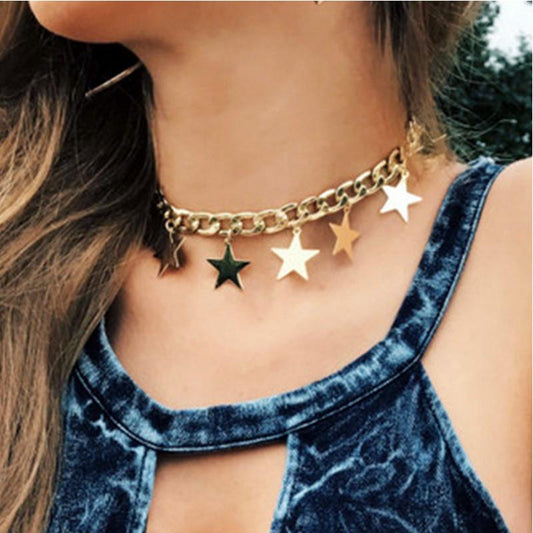Explosive jewelry hip-hop light luxury all-match street style necklace copper five-pointed star pendant necklace
