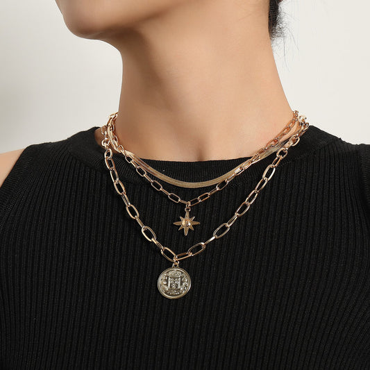 Jewelry Geometric Round Avatar Pendant Necklace Female Retro Astral Rhinestone Rhinestone Snake Bone Multilayer Necklace