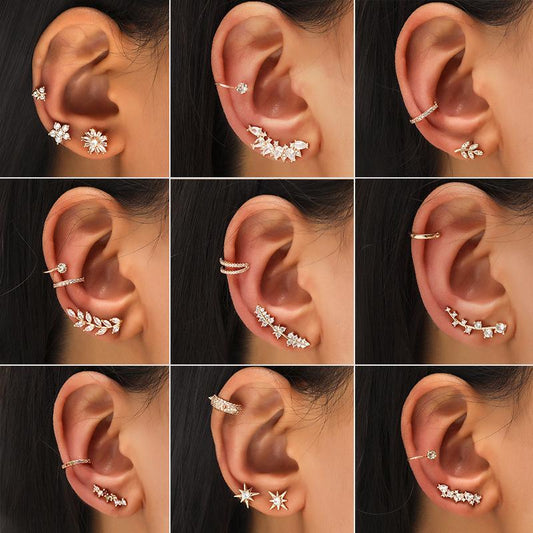 Simple Star Small Diamond Ear Clip Leaf Flower Sun Flower Geometric Pearl Zircon No Pierced Ear Stud Set