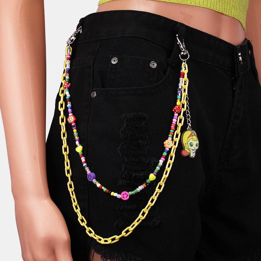 Fashion and versatile color rice beads resin chain double-layer pants chain cute cartoon little girl pendant decorative waist chain