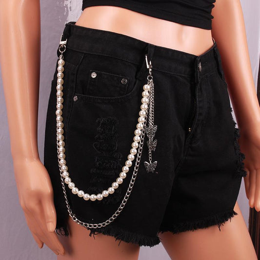 Jewelry fashion simple design sense butterfly multi-layer trousers chain cold thick chain pearl trousers chain