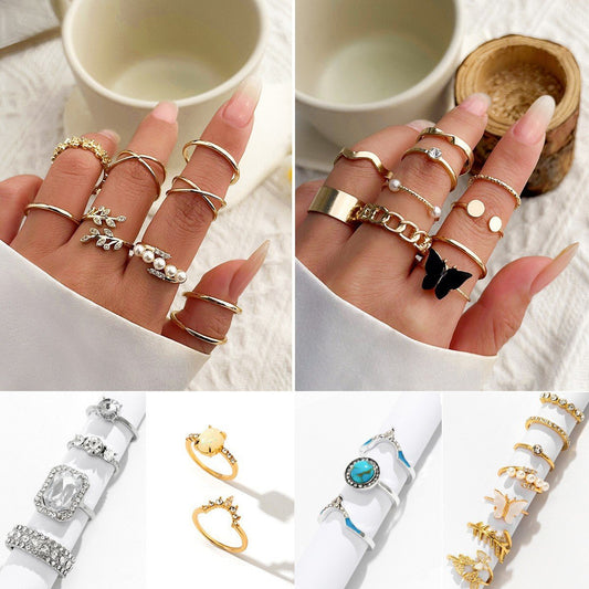 Jewelry Simple Mix and Match Turquoise Hand Jewelry Temperament Butterfly Geometric Micro-inlaid Diamond Ring Set Female