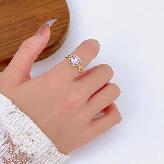 Ins exquisite pink crystal love ring women's retro palace diamond heart geometric opening index finger ring