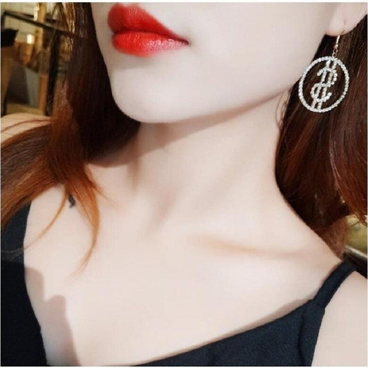 Dollar Rhinestone Stud Earrings Fashion Exaggerated Personality Shiny Metal Dollar Coin Symbol Alphabet Long Earrings