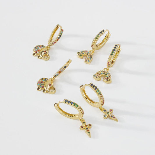 ZE7 Simple Earrings Cute Funny Cross Rainbow Elephant Earrings Copper Zircon Geometric Earrings