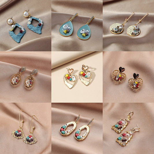 Geometric Pearl Color Gravel Earrings Heart Hollow Ear Studs Retro Temperament Fashion Trendy Earrings